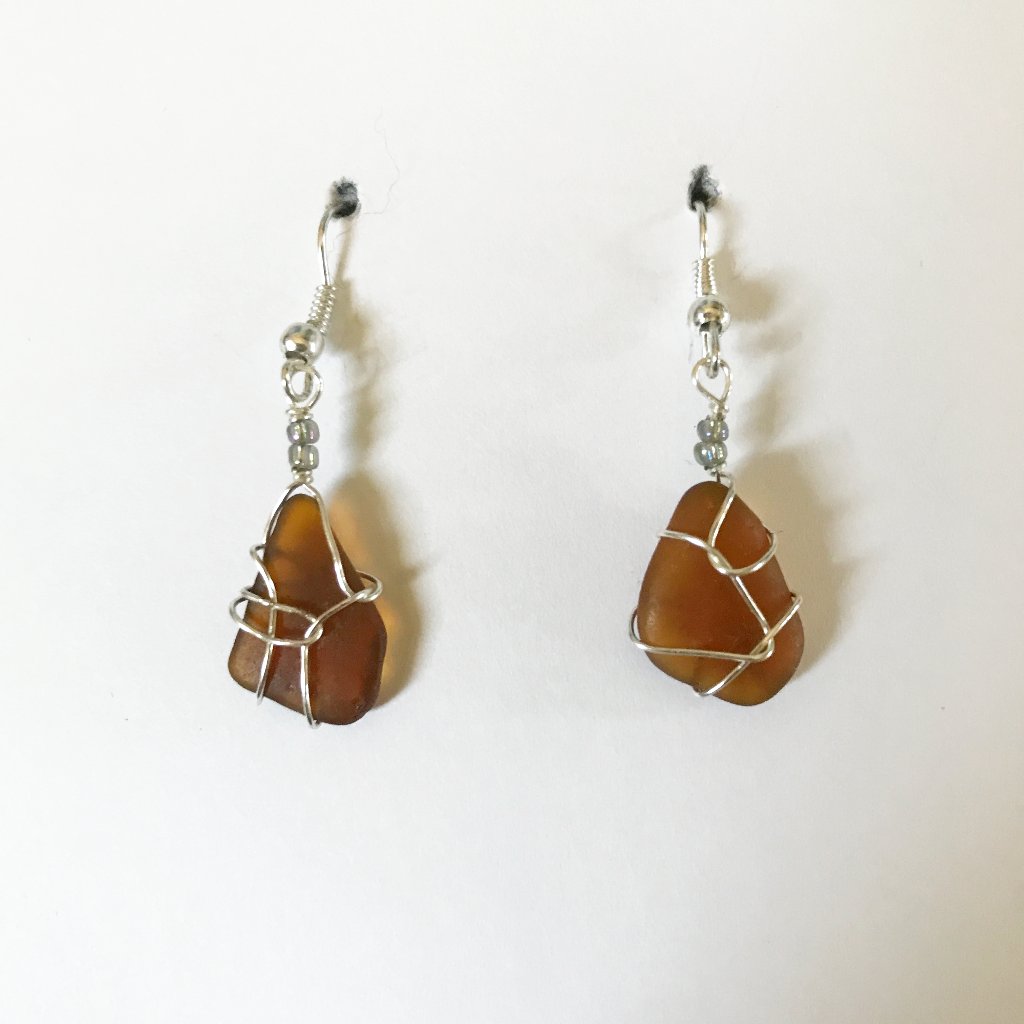 Auburn Sea Glass Earrings Iridescent Beads Mermaid Art Ocean Surfing Minimalist